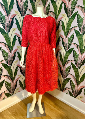 1960s Red Lace Party Dress