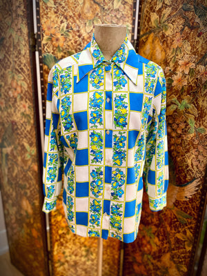 1960s Groovy Blue Floral Button Down Shirt