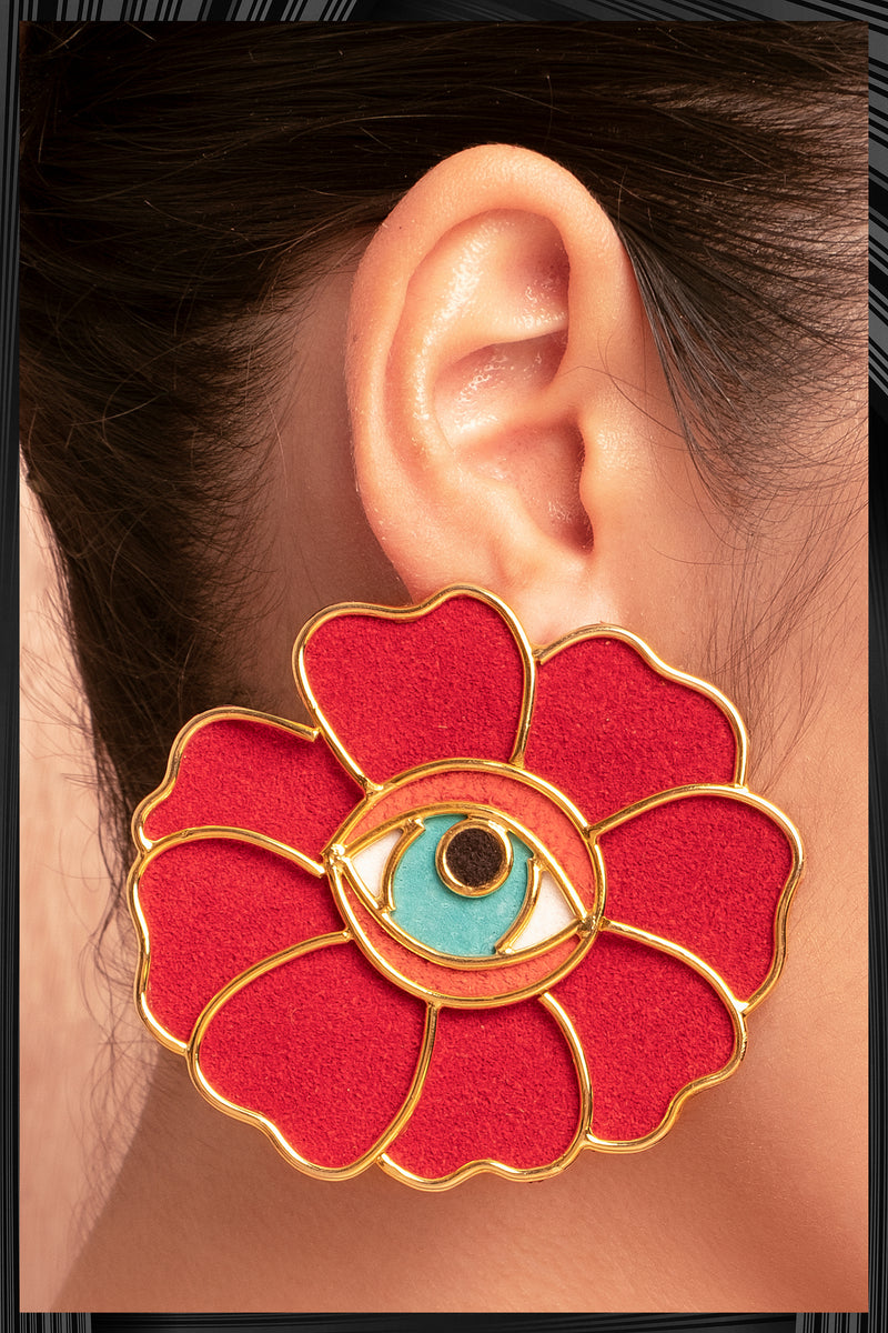 Red Flower Eye Earrings  | Free Delivery - 3 Week Shipping