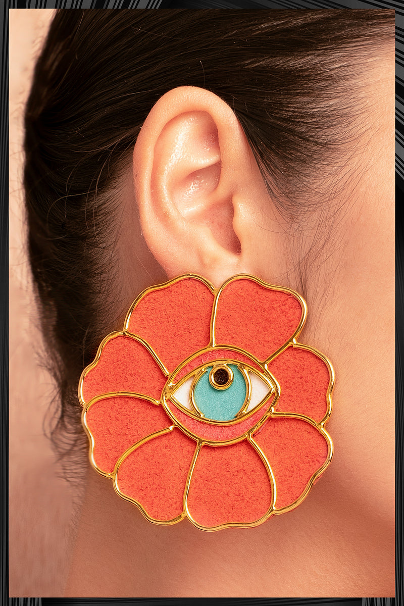 Orange Flower Eye Earrings  | Free Delivery - 3 Week Shipping