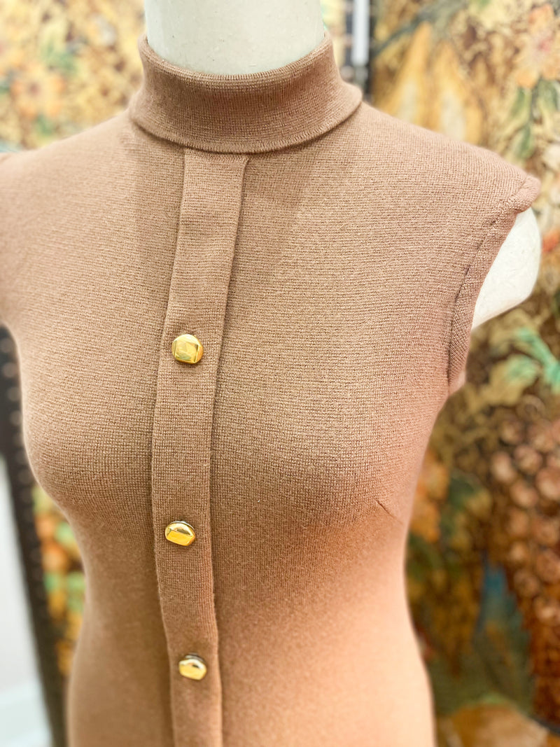 1960s Brown And Gold Glass Button Dress