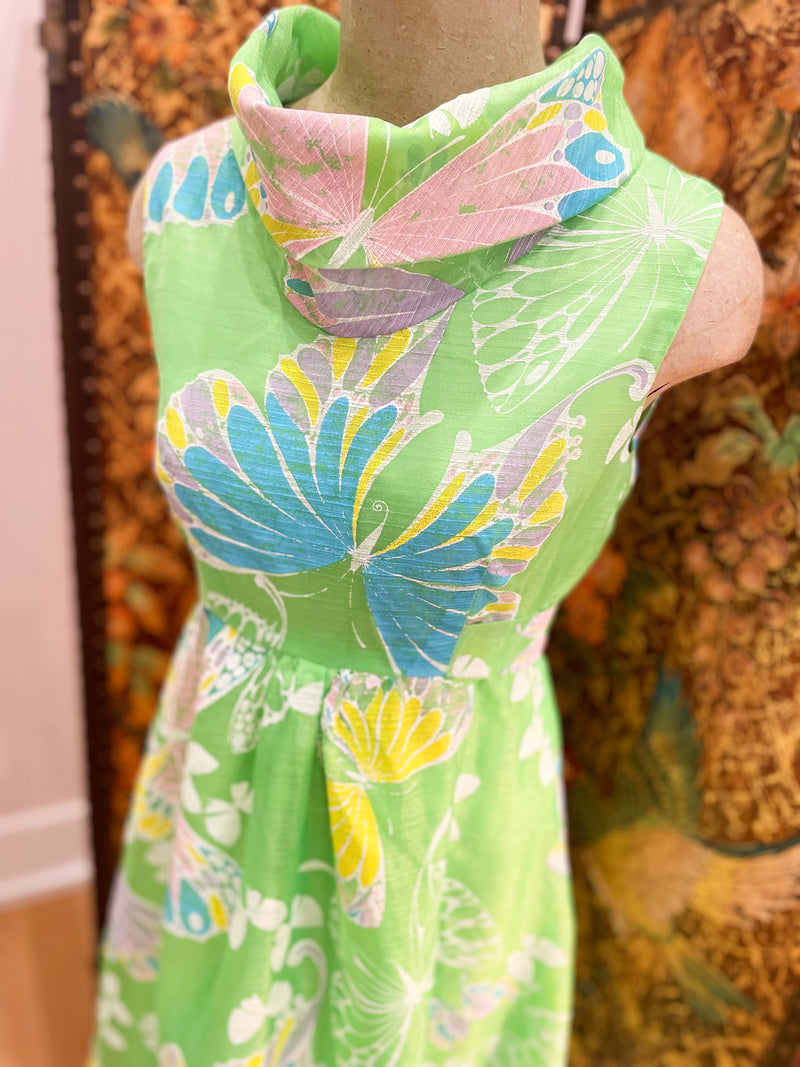 1960s Neon Green Butterfly Long Dress