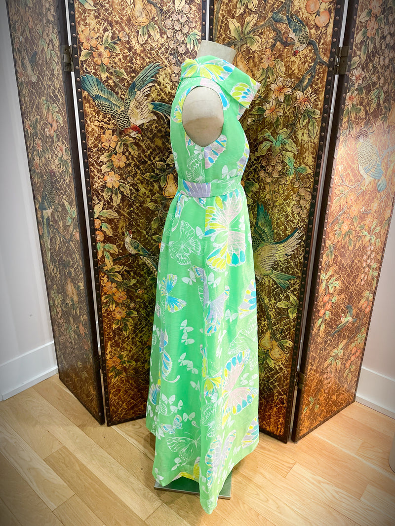 1960s Neon Green Butterfly Long Dress