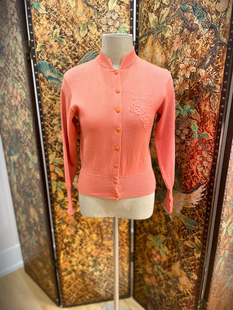 1950s Peachy Colored Grape Embroidered Cardigan Sweater