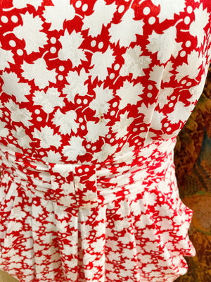 1980s Red & White Leaves 40s Style Dress
