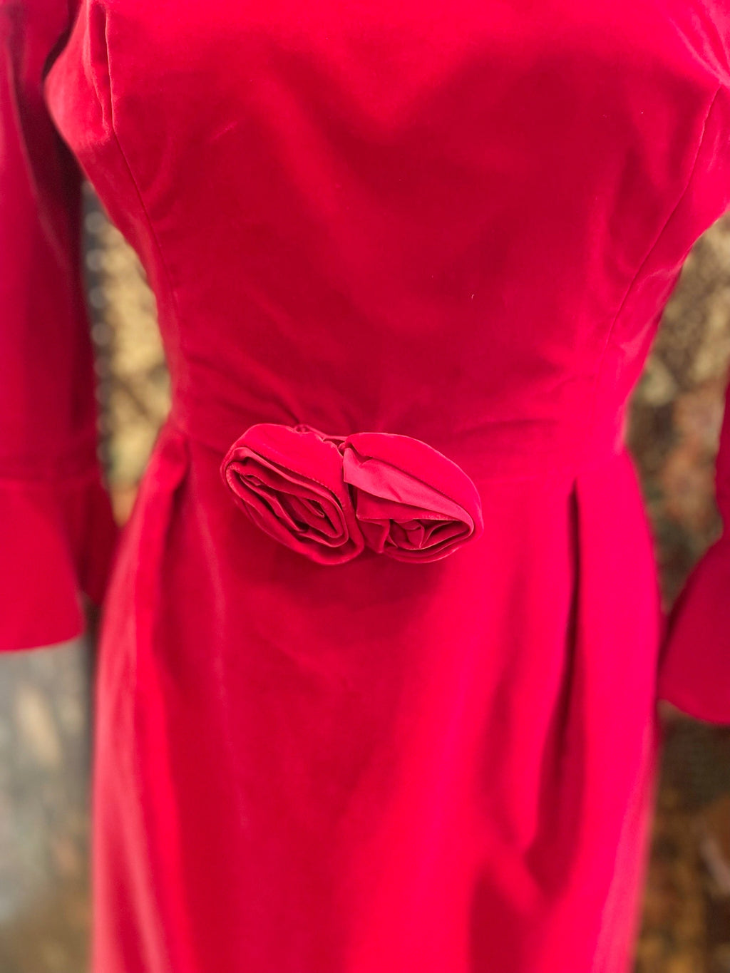 1960s Red Velvet Belled Sleeved Dress