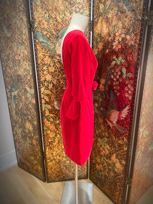 1960s Red Velvet Belled Sleeved Dress
