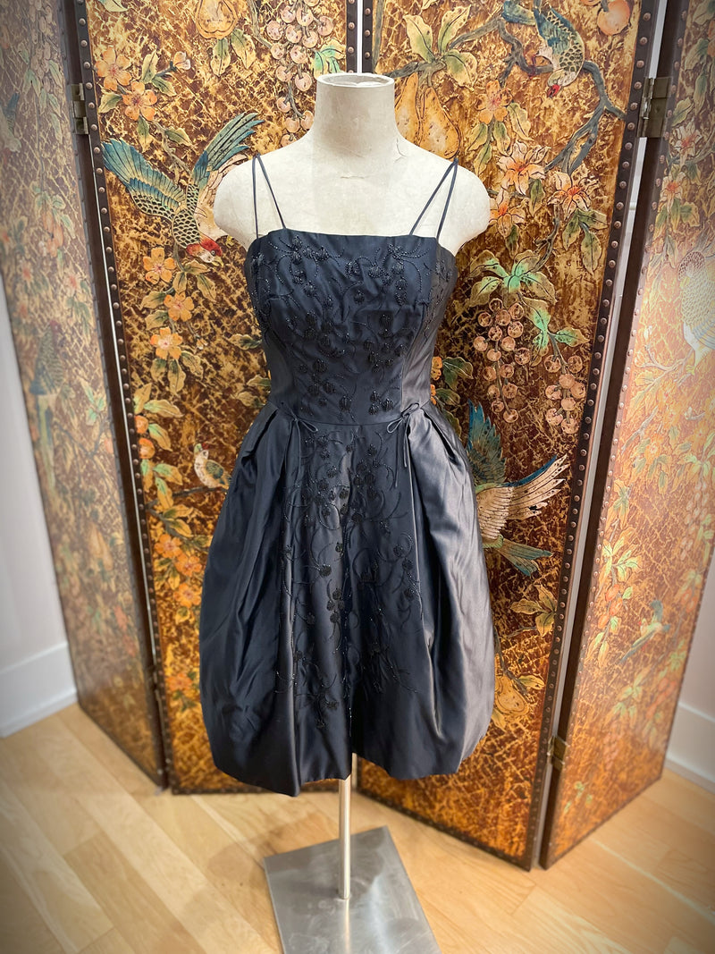 1960s Black Satin & Tulle Cropped Party Gown