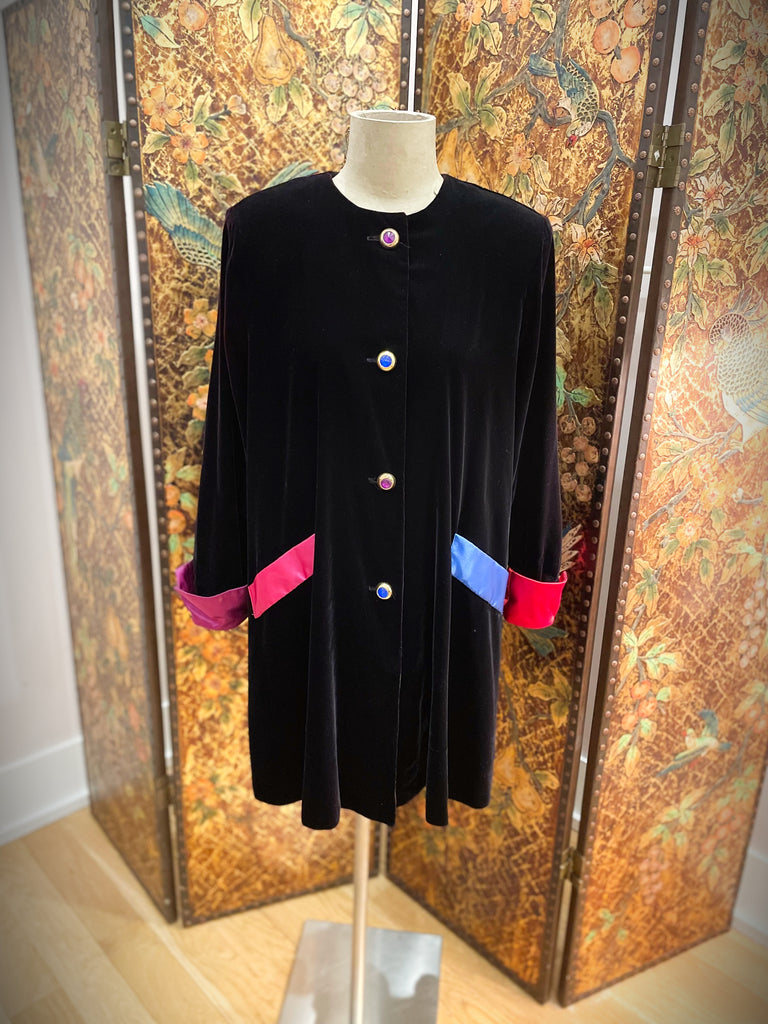 1980s Black Velvet & Multi Colored Satin Overcoat