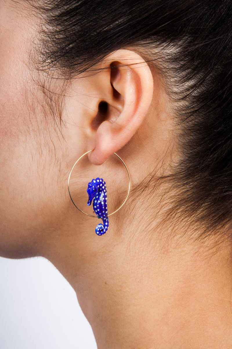 Iris Trends Blue Hoop Seahorse Earrings by Nach Bijoux France